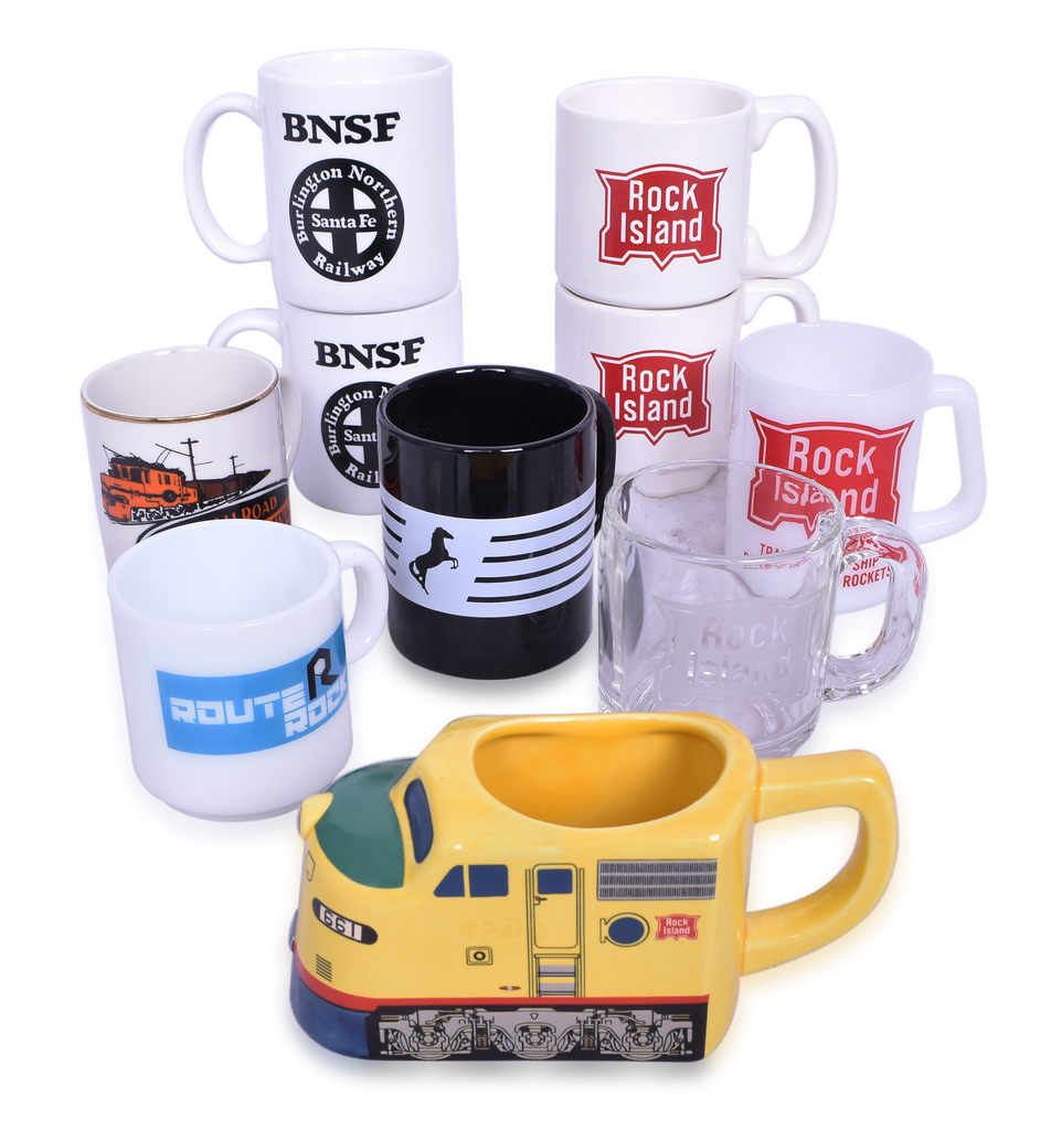 4599 - Large Group of Assorted Railroad Items - Rock Island Railroad, Burlington Northern - Mugs, Playing Cards, Signs, Clock, Decals, T-Shirts, Decorative Lamp thumbnail