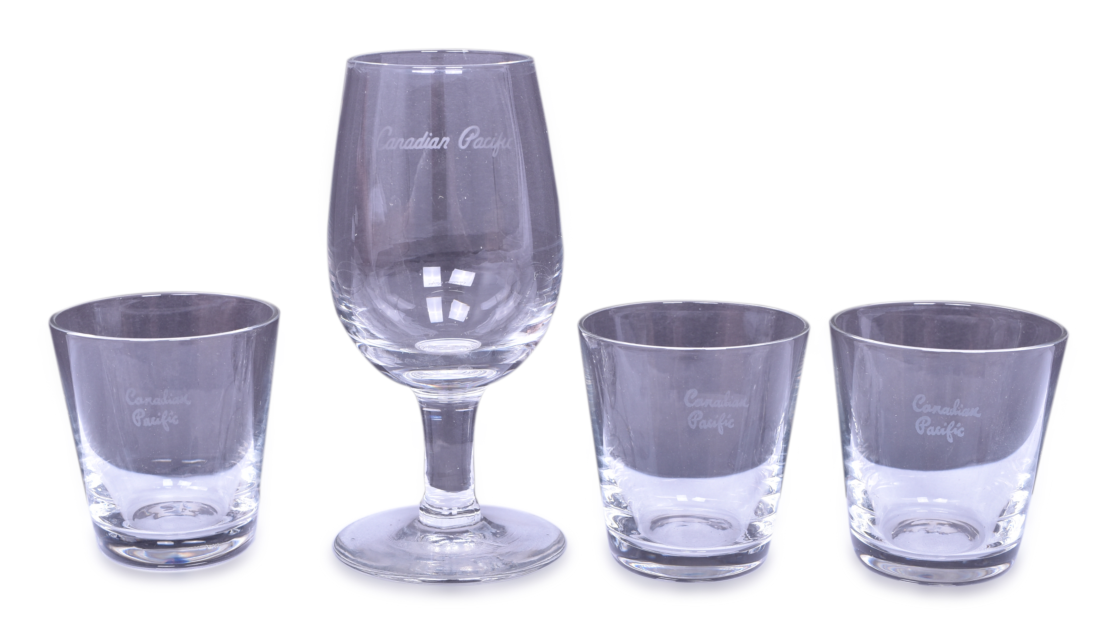 4383 - Group of 4 Canadian Pacific Railroad Glassware - Brandy Shotglasses and Cordial Glass thumbnail