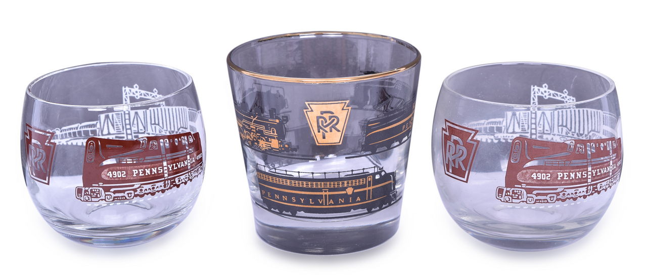 5013 - Group of 5 Pennsylvania Railroad Items - Drinking Glasses, Cloth Headrest Cover, and Centennial Playing Cards thumbnail