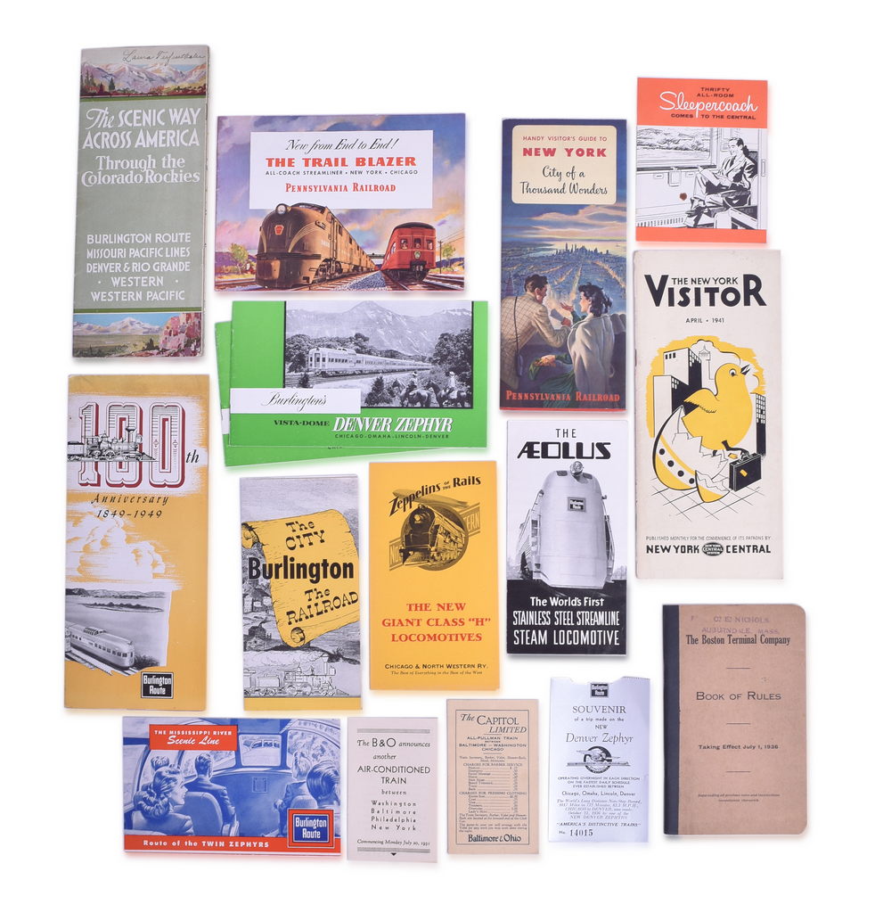 5053 - Group of 38 Railroad Paper Items 1924 to 1981 - Travel Guides, Timetables, Book of Rules - Burlington Route, NYC, B&O, C&O, Pennsylvania thumbnail