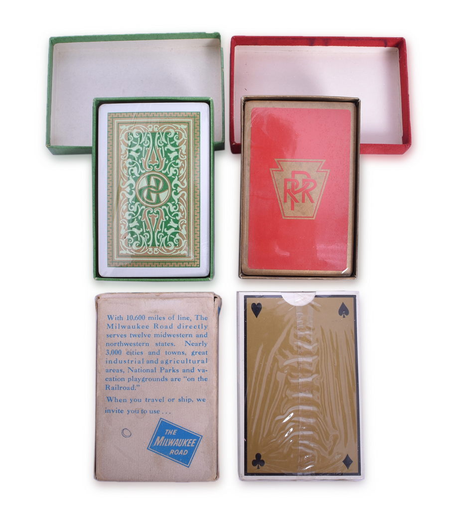 5077 - Group of 8 Assorted Railroad Items - Playing Cards, Rail Defect Manual, Pullman Towel, PC Kerosene Can Tin ware, and Canadian Pacific Tool Bar thumbnail