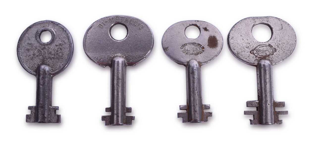 5095 - Group of 4 Steel Double-Flagged Railroad Keys for Signal or Maintenance thumbnail