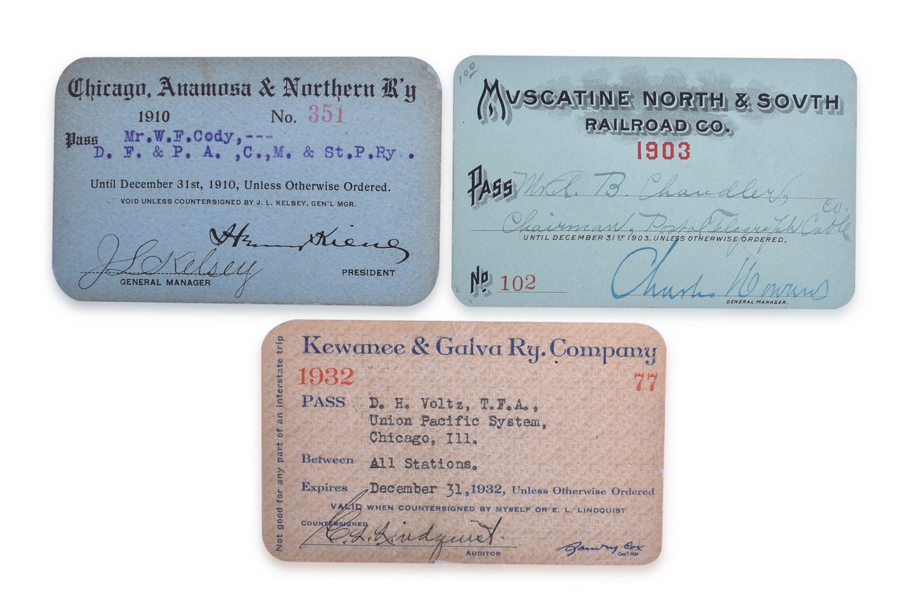 5113 - Three Railroad Passes - Muscatine North & South, Chicago, Anamosa & Northern, Kewanee & Galva Railway thumbnail