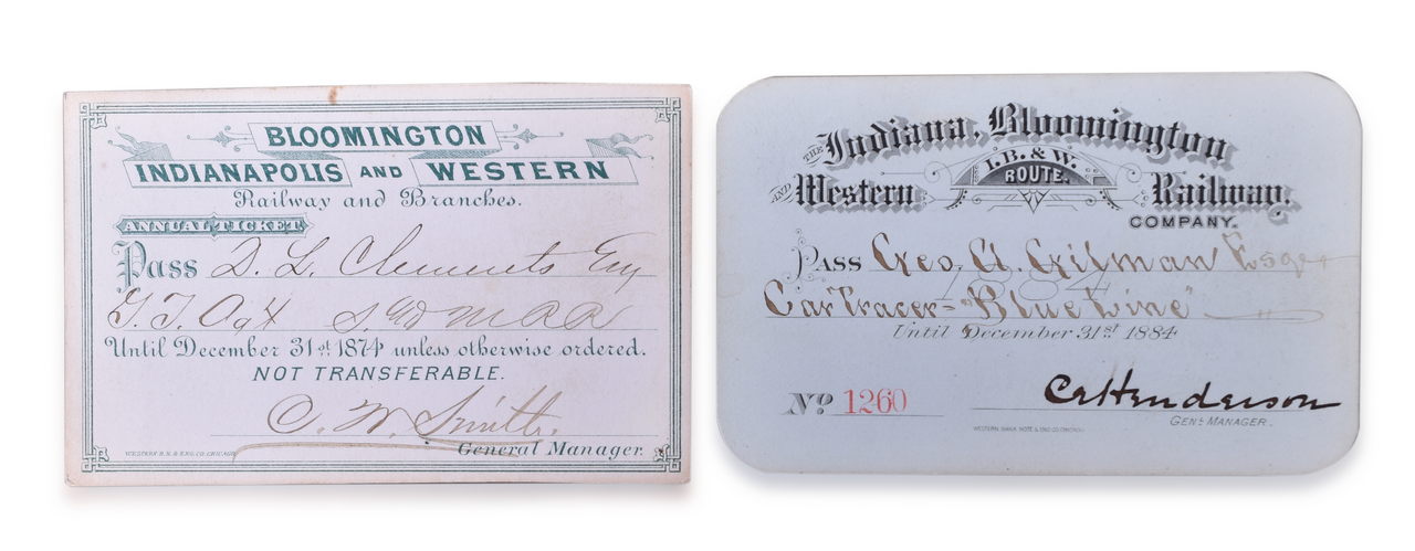 5115 - Pair of Indiana / Indianapolis, Bloomington & Western Railway Annual Passes 1874 and 1884 thumbnail