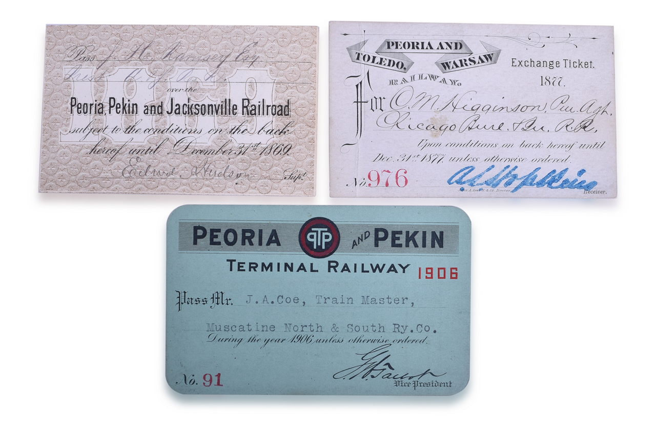 5119 - Three Peoria Railroad Passes - 1877 Toledo, Peoria & Warsaw, 1869 Peoria, Pekin and Jacksonville and 1906 Peoria and Pekin thumbnail