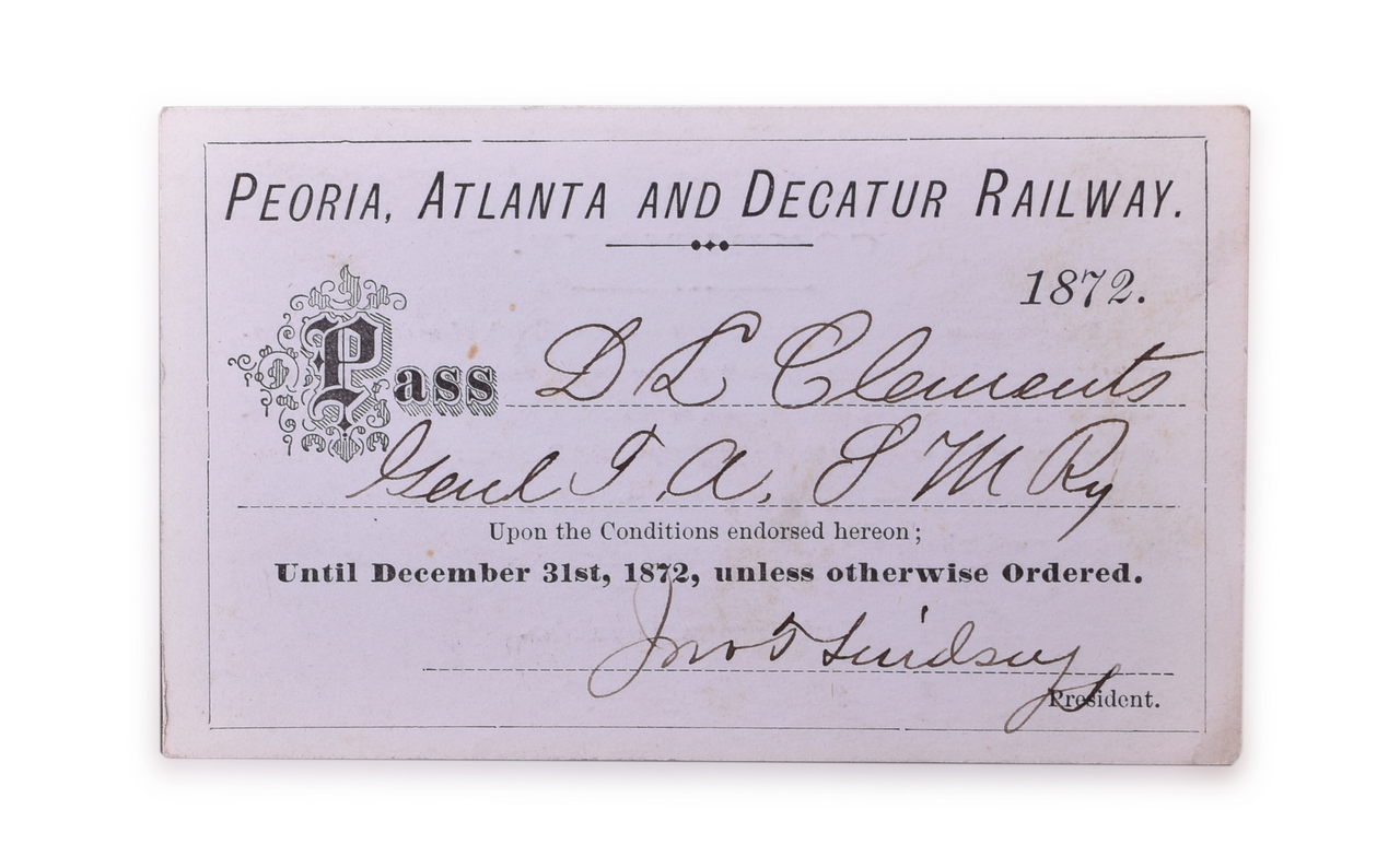 5121 - 1872 Peoria, Atlanta and Decatur Railway Annual Pass thumbnail