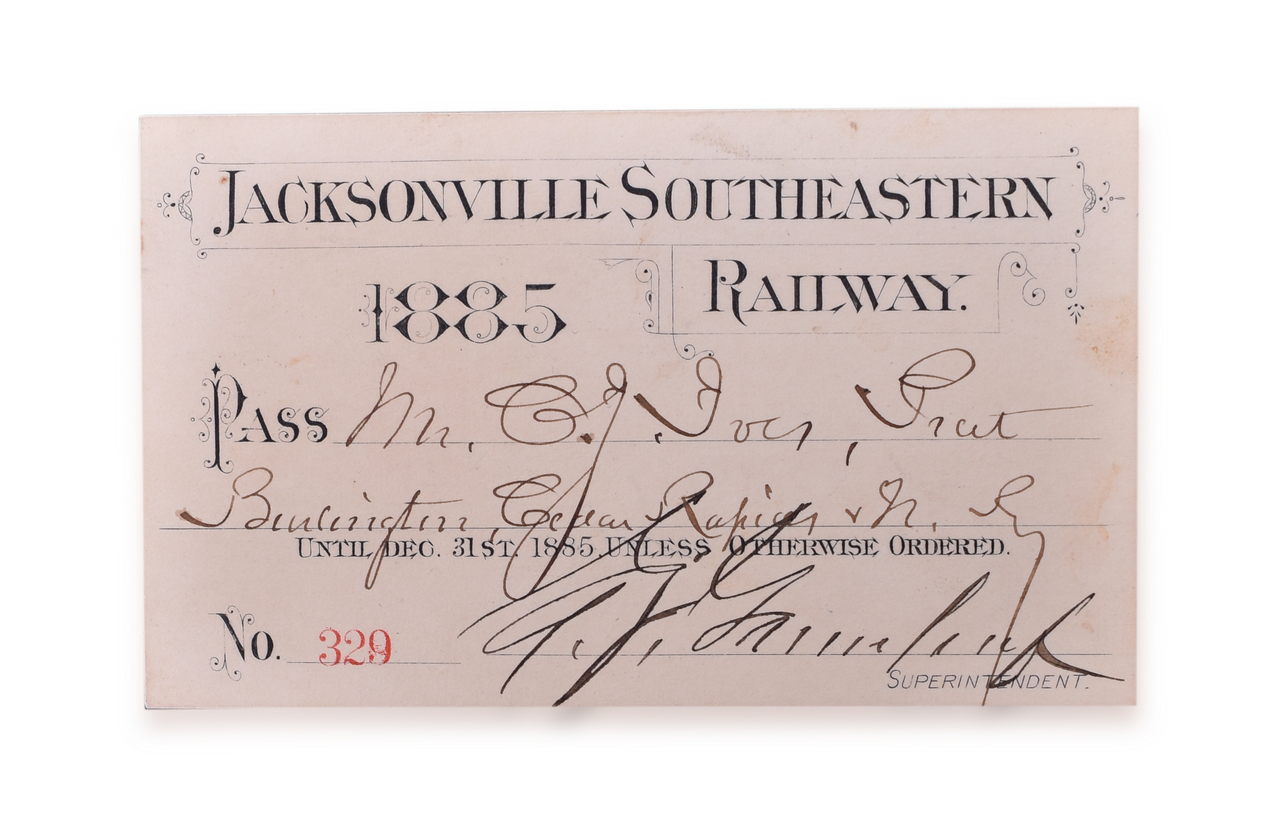 5127 - Jacksonville Southeastern Railway 1885 Annual Railroad Pass thumbnail