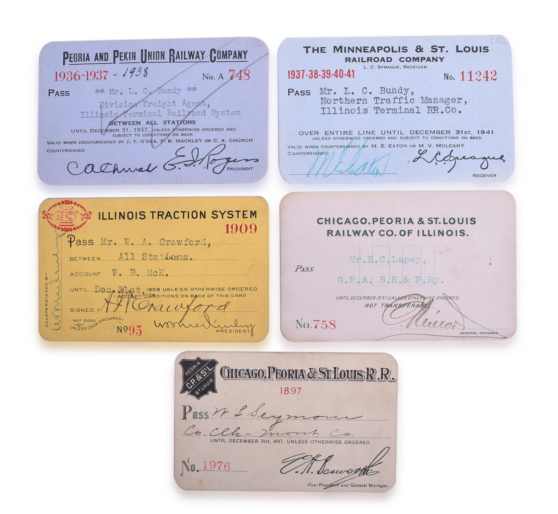 5131 - Five Illinois Railroad Passes Chicago, Peoria & St. Louis, Illinois Traction System, Peoria and Pekin Union thumbnail