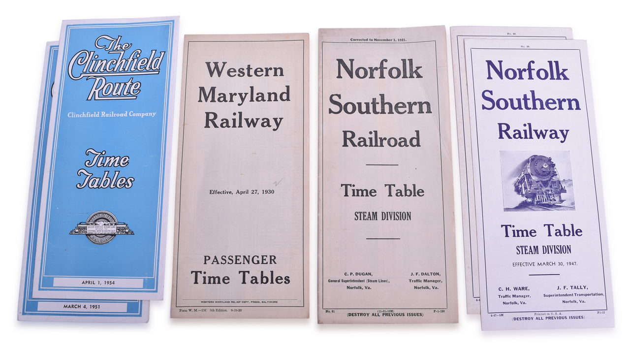5184 - Nine North and East Railroad Timetables - 1919 to 1954 - Rutland, New York Central, Bessemer and Lake Erie, Clinchfield Route, Western Maryland, Norfolk Southern, Toronto Hamilton & Buffalo thumbnail