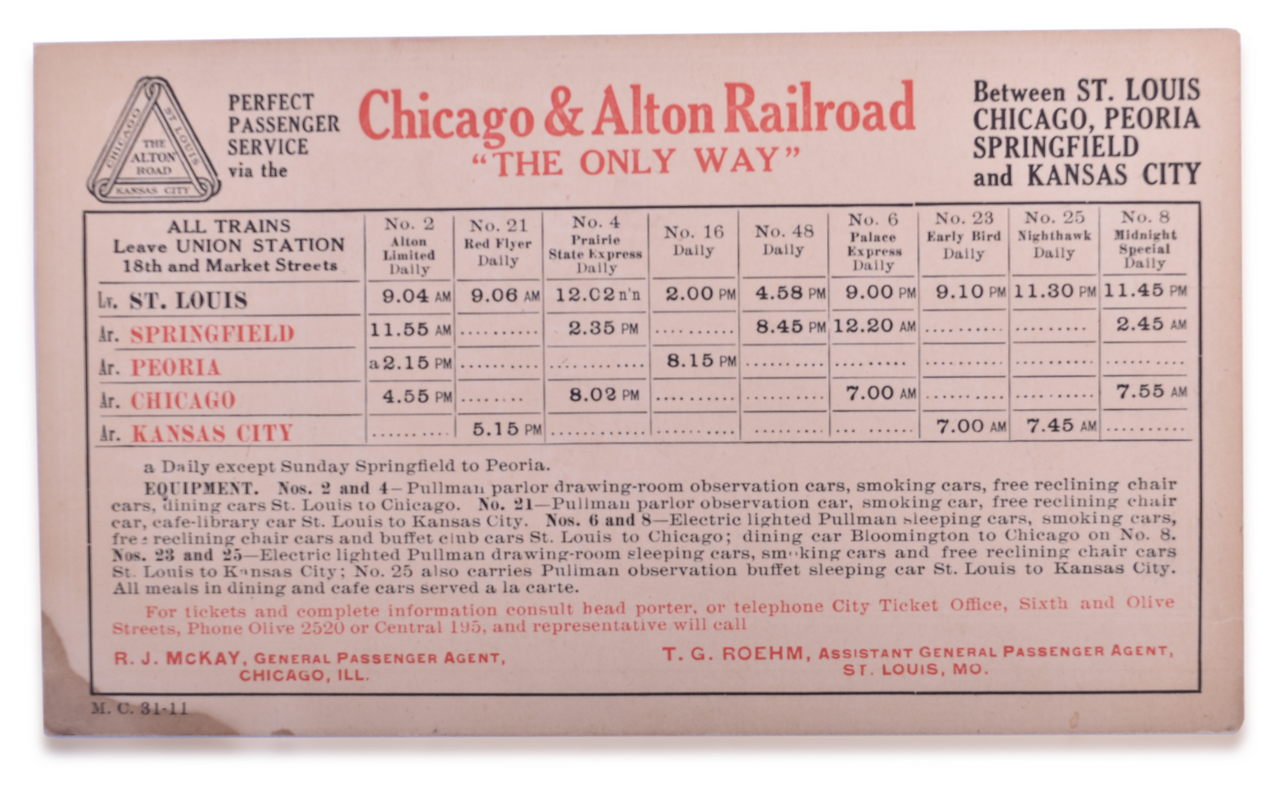 5203 - Chicago and Alton Abraham Lincoln Timetable, 1931 Daily Schedule, and 1880 Commutation Ticket Rate Card thumbnail