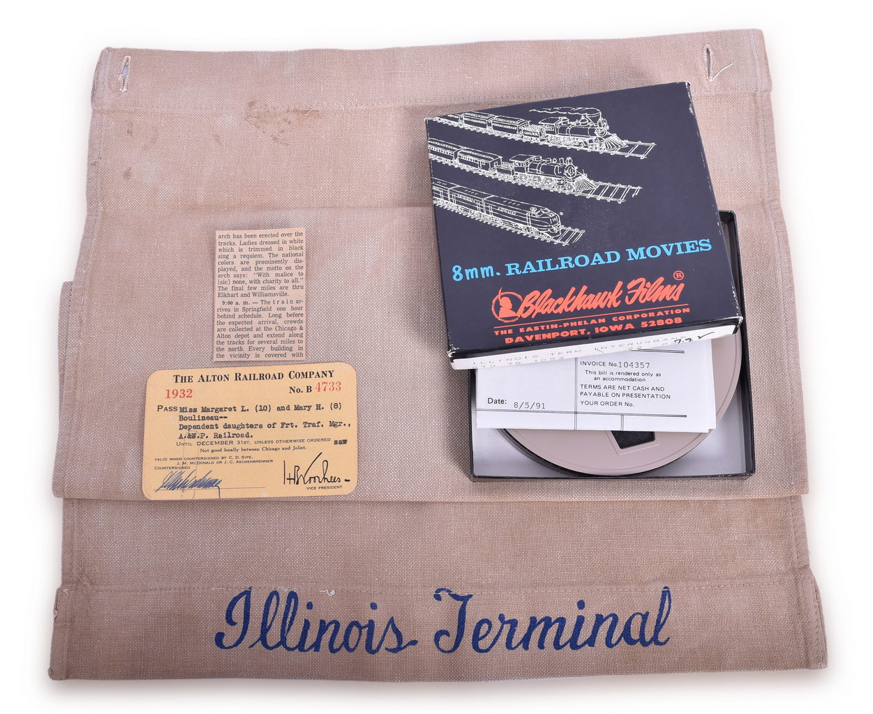 5218 - Mixed Lot of Railroad Ephemera - Switch Key, Ticket Punch, 8mm Film, 1932 Annual Pass, Head Rest Cover - Chicago & Alton, Illinois Terminal thumbnail