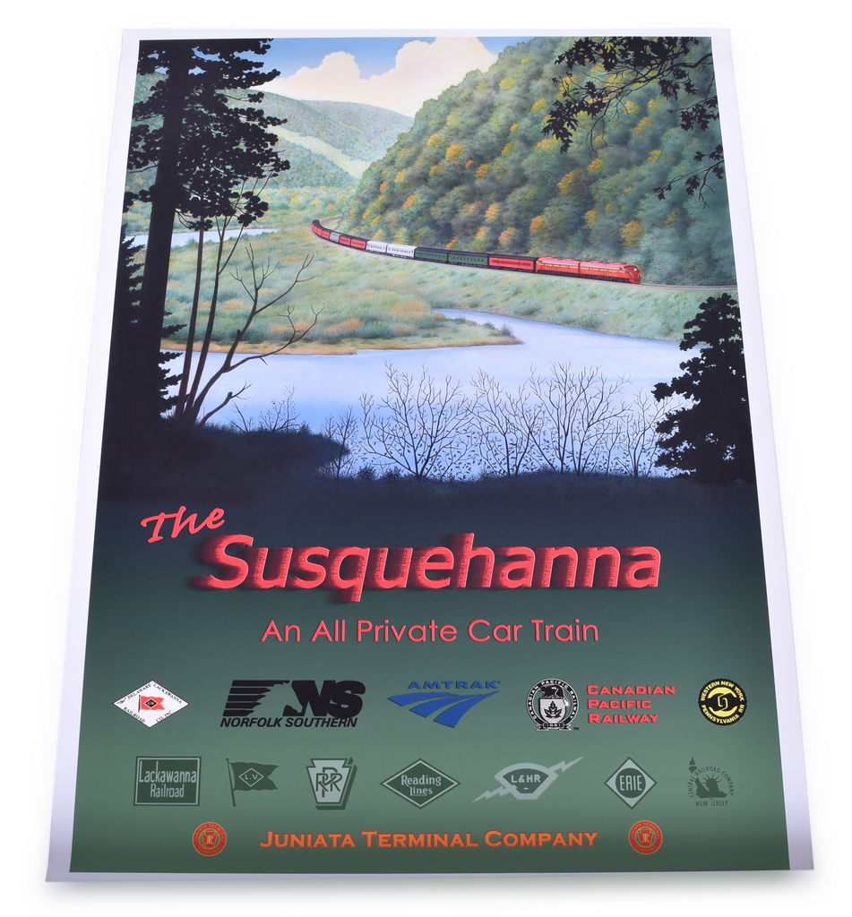 5224 - Five Large Paper Railroad Advertisements - 1965 Burlington Route Wall Calendar, Rock Island Poster, Pacific Locomotive Parts Diagram, North Shore Lines Poster, Susquehanna Poster thumbnail