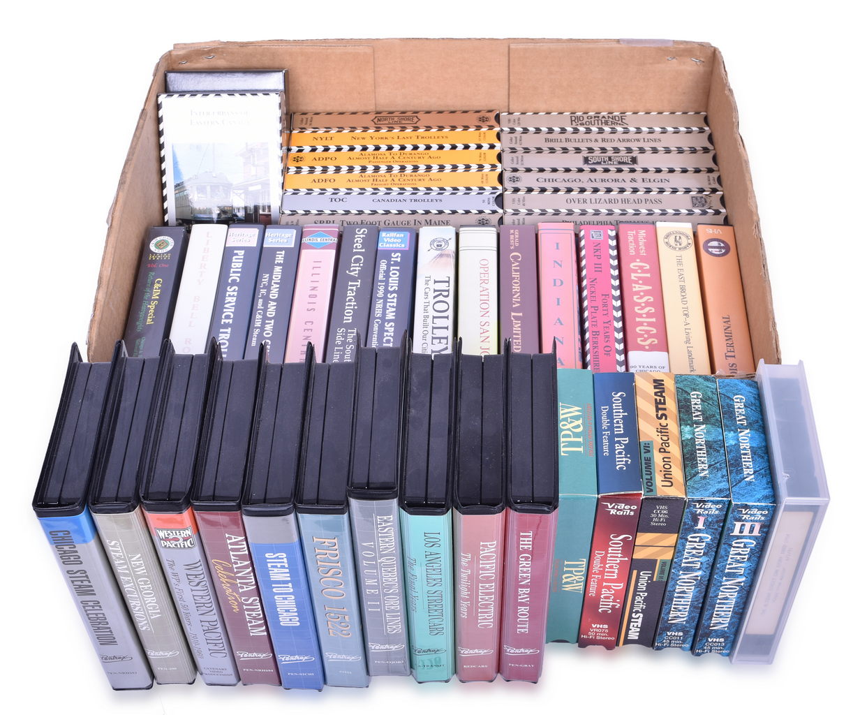 5226 - 45 Railroad VHS Tapes and Rail Bookends - Santa Fe Railroad Section from 1888, Brass Rail Bookend Pair, Cast Iron Train Bookend thumbnail