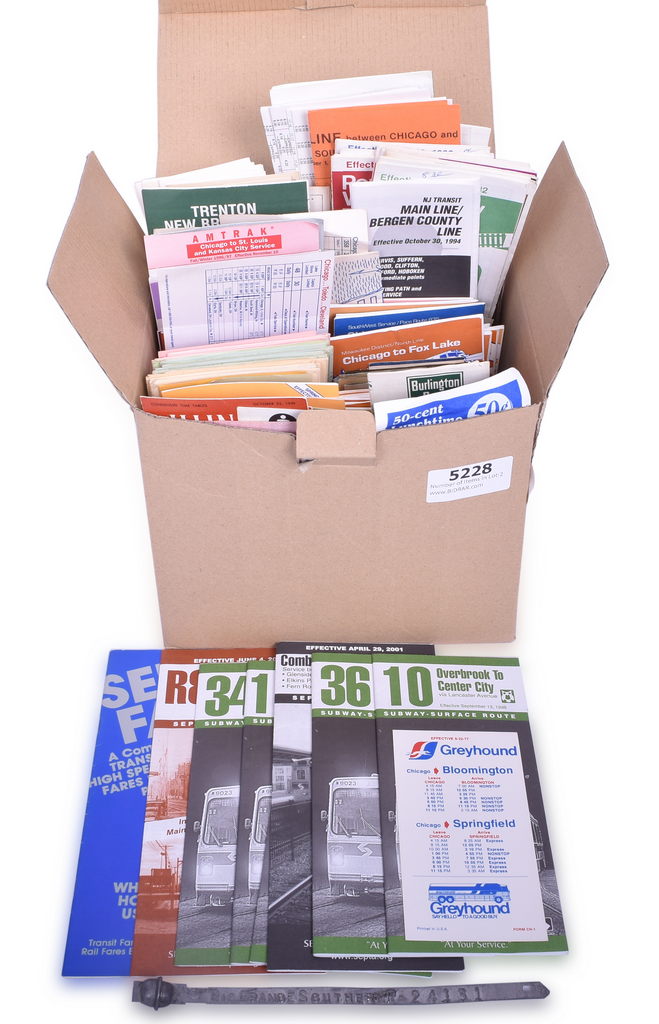 5228 - Large Group of Railroad Paper - Transit Timetables, Employee Timetables, Maps, Photo Prints, Booklets, Tickets, Coasters, Door Seal thumbnail