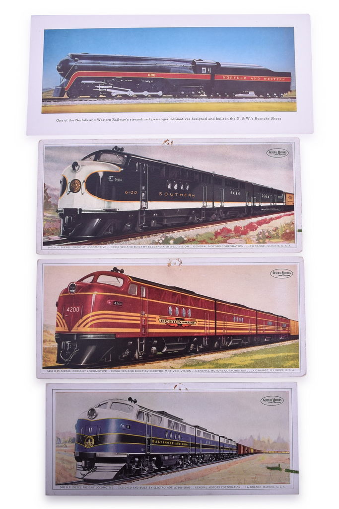 5229 - Group of eight General Motors - Electro-Motive Division and Norfolk and Western Locomotive Builder Cards - J Class, Jawn Henry, FT diesel locomotives etc. thumbnail