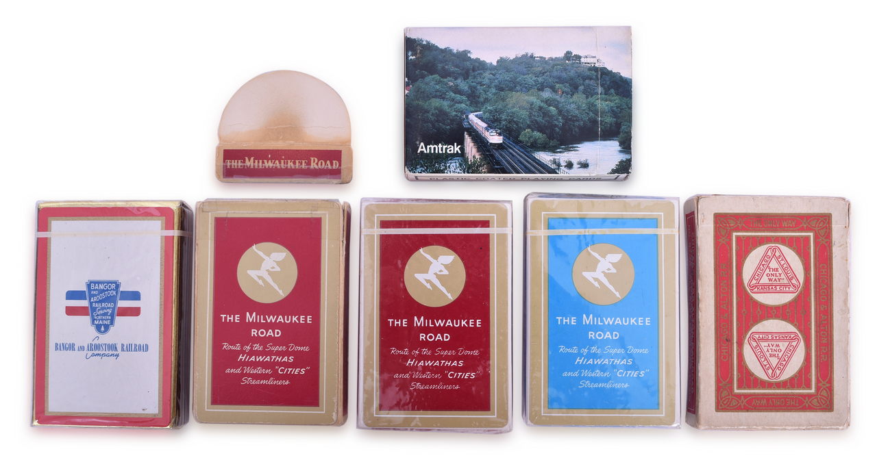 5231 - Six Decks of Railroad Playing Cards - Early Chicago and Alton, Sealed Milwaukee Road and Bangor and Aroostook, etc. thumbnail