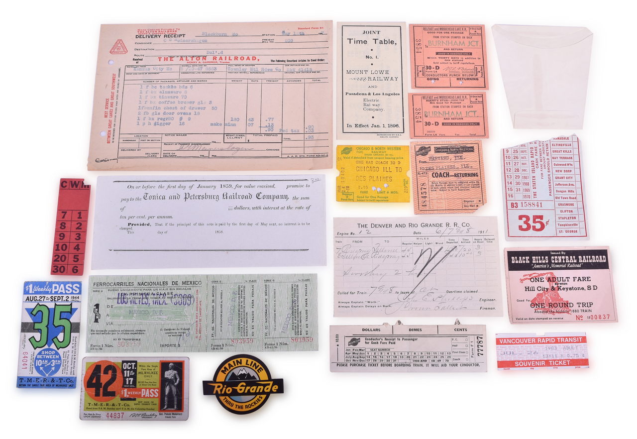 5235 - Lot of Railroad Paper / Menus - Mark Twain Zephyr Menu, 1859 Tonica and Petersburg, Terminal Railroad Association of St. Loui, etc. thumbnail