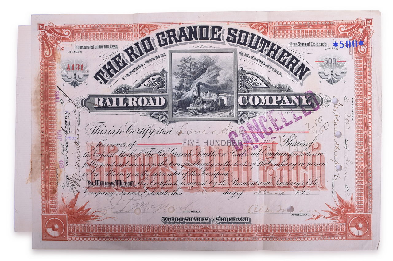 5237 - 1893 Rio Grande Southern Otto Mears Signed Stock, 1893 Chicago and Alton $1000 Gold Bond, 1892 Indiana, Bloomington & Western Live Stock Contract thumbnail