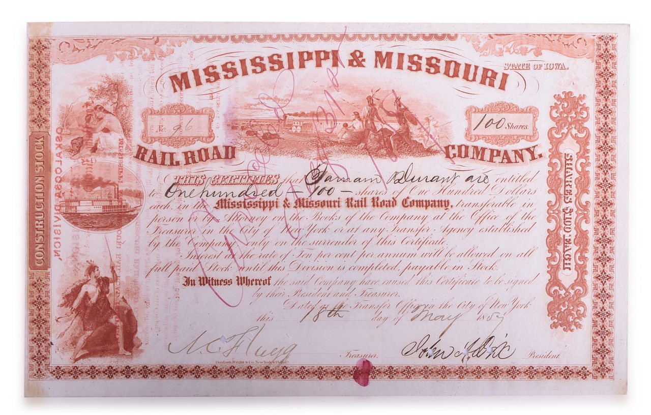 5239 - Three Mississippi and Missouri Railroad Construction Stock Certificates - One Signed John A. Dix thumbnail