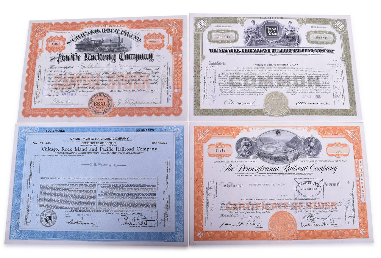 5241 - Nine Railroad Stock Certificates - Chicago, Rock Island & Pacific, Pennsylvania, Union Pacific Nickel Plate thumbnail