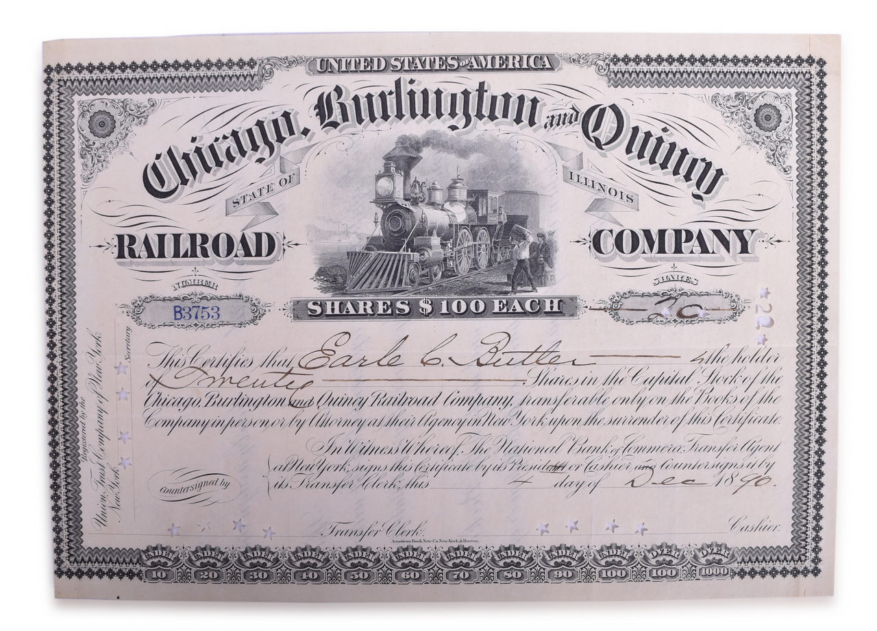5245 - 1873 Fort Wayne, Muncie & Cincinnati, 1890 Chicago, Burlington & Quincy, and 1863 Mississippi and Missouri Railroad Stocks and Bond thumbnail