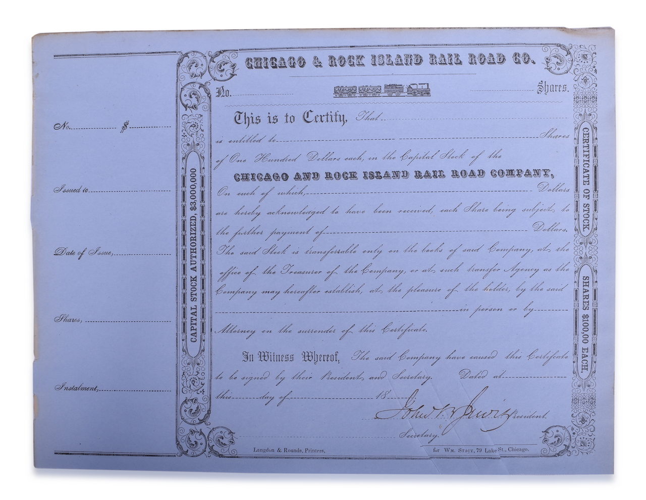 5247 - 185X Chicago & Rock Island Railroad Company Pre-Civil War Stock Certificate - Jervis Signed thumbnail