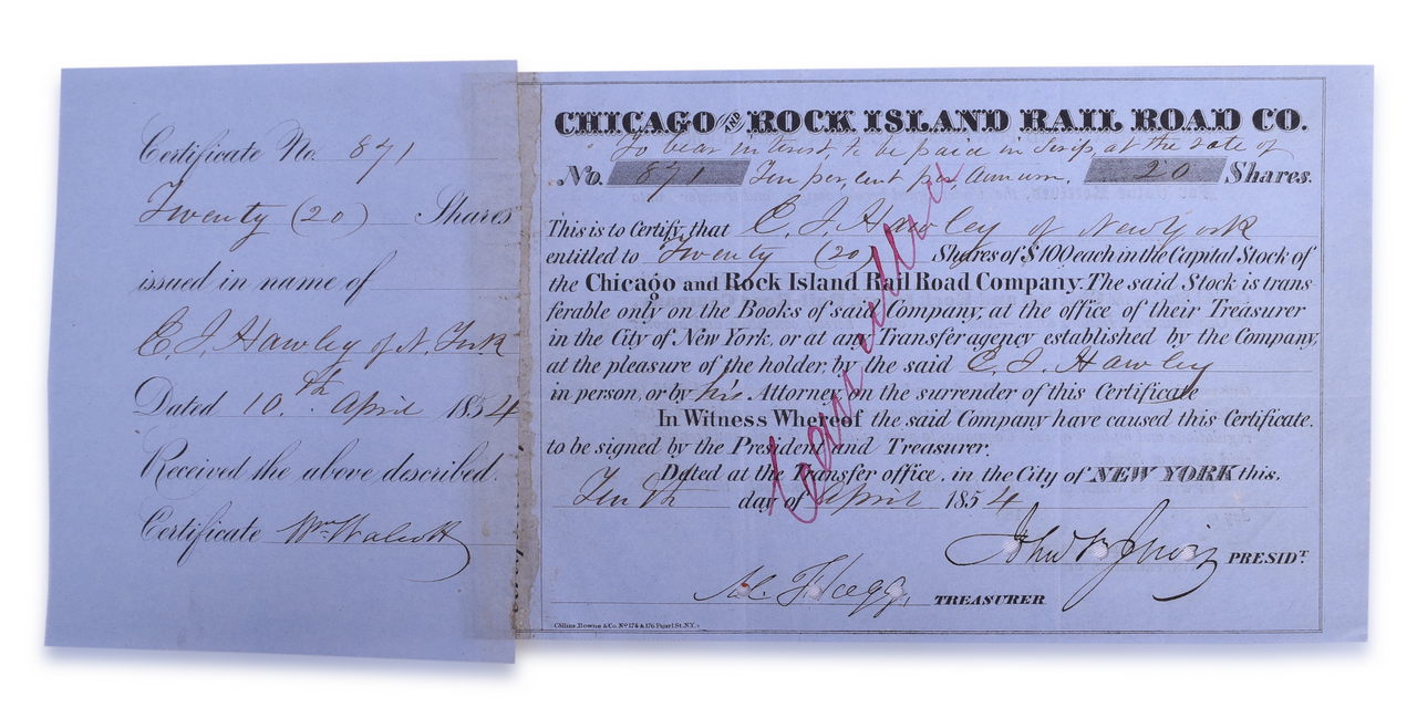 5249 - 1853 and 1854 Chicago & Rock Island Railroad Company Pre-Civil War Stock Certificates - Jervis Signed thumbnail