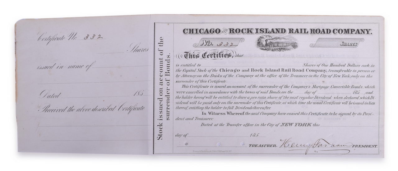 5251 - Post 1854 Chicago & Rock Island Railroad Company Un-Issued Stock Certificate - Farnam Signed thumbnail