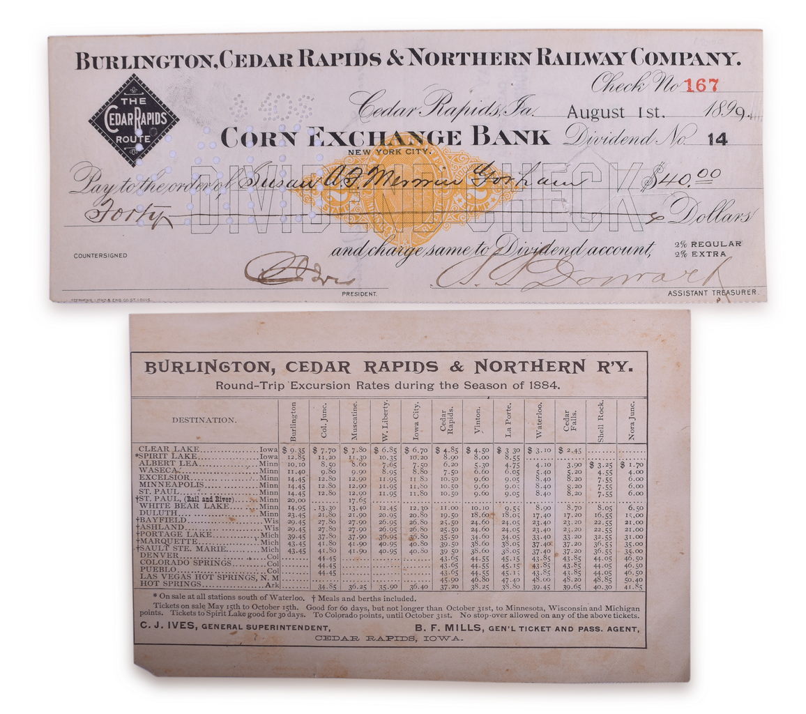5255 - Burlington, Cedar Rapids & Northern Railroad 1884 Excursion Card, Uniform Buttons, Corn Exchange Check, and More thumbnail