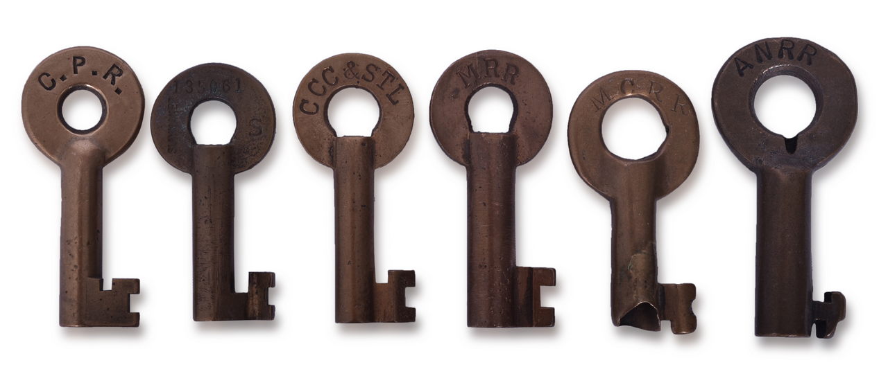 5260 - Six Brass Railroad Keys - Apalachicola & Northern, Montour, Michigan Central, Canadian Pacific, Baltimore & Ohio, Cleveland Cincinnati Chicago & St. Louis thumbnail