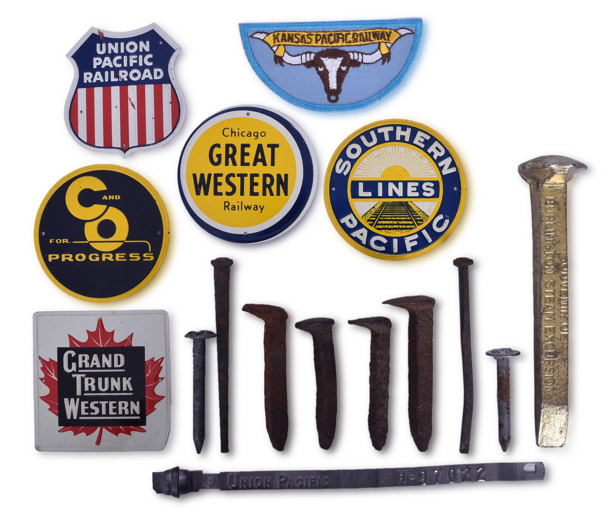 5276 - Mixed Lot of 32 Railroad Items - Souvenir Spike, Ink Ribbons, Post Cereal Tins, Pocket Calendars, Picture Cards, Notepads, and More thumbnail