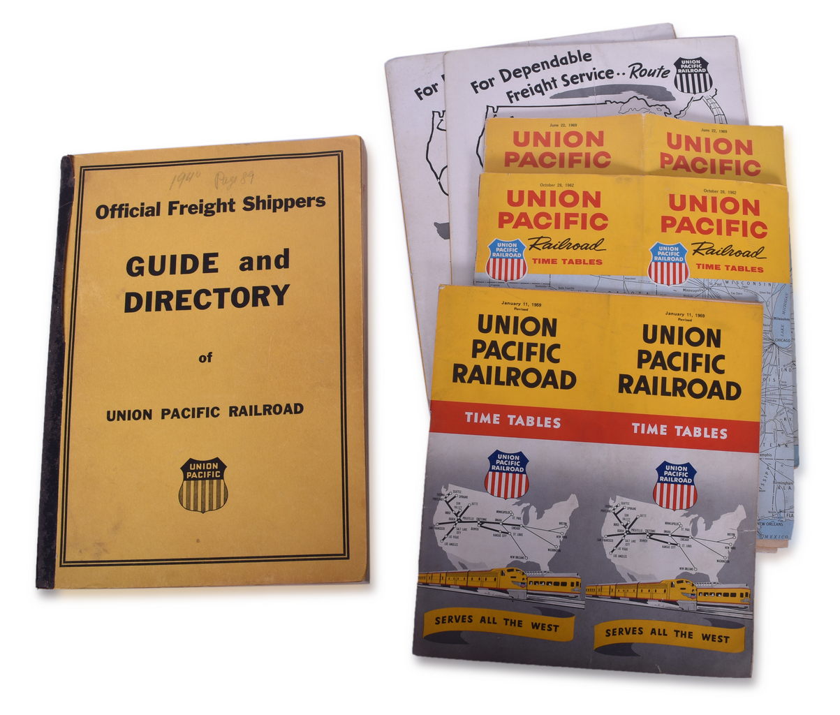 5288 - Fourteen Union Pacific Railroad Paper Items - 1917 to 1969 - Official Freight Shippers Guide and Directory Book, Maps, Timetables, Time Book, Safety Rules Booklets, and More thumbnail