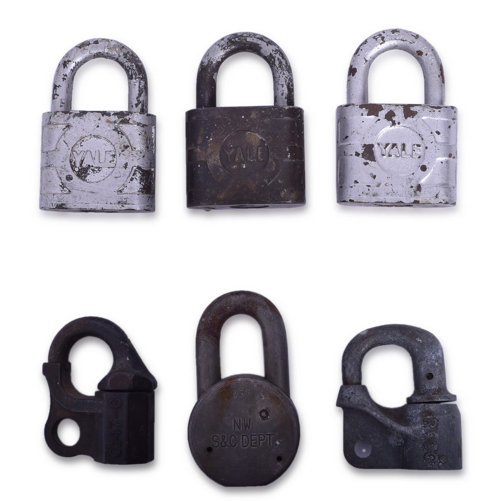 5308 - Six Railroad Signal Department Locks - Nickel Plate, Norfolk and Western, RACO, Western Railroad Supply thumbnail