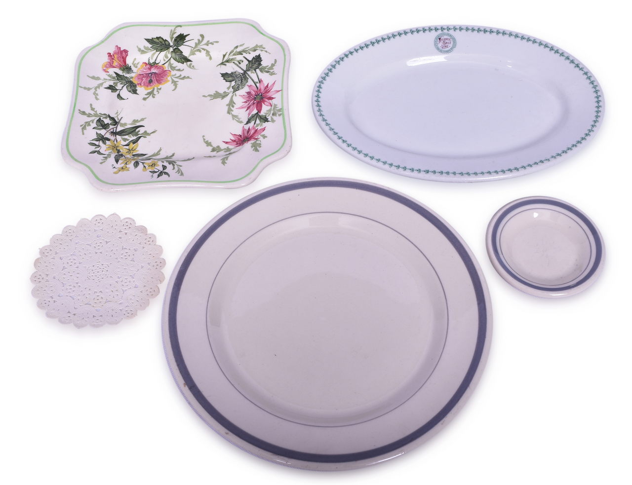 5353 - Four Pieces of Atlantic Coast Line Railroad China - Flora of the South Square Plate, Palmetto Oval Dish, Carolina Butter Pat and Dinner Plate thumbnail