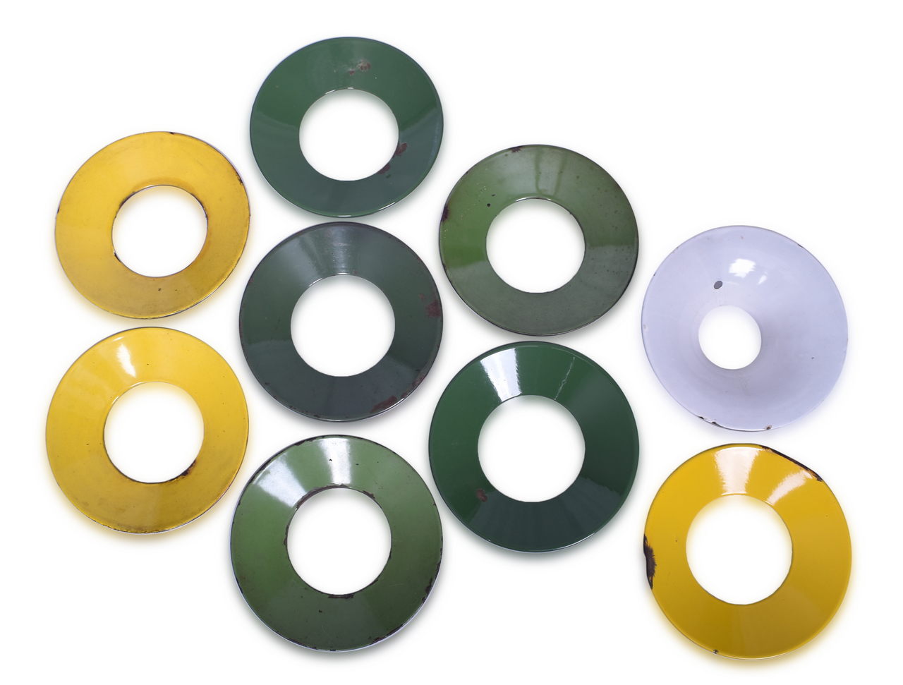 5355 - Nine Green, Yellow, and White Railroad Porcelain Switch Lamp Day Targets thumbnail