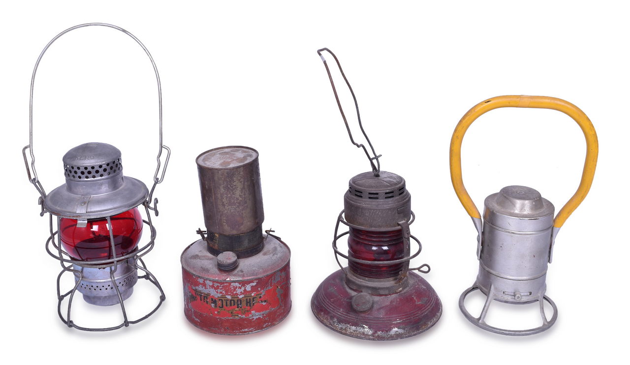 5362 - Four Railroad and Automotive Lanterns - Penn Central, Adlake 31-D, Dietz 40, Auto Motor Heater thumbnail