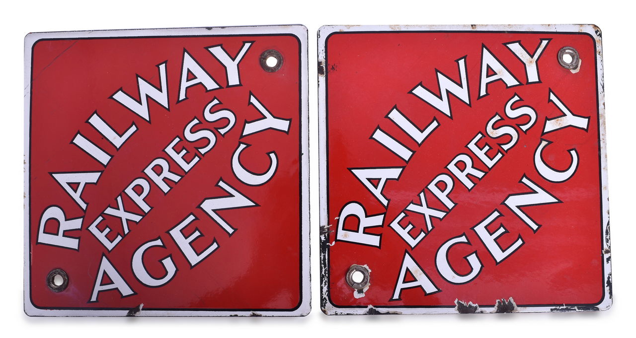 5376 - Pair of Porcelain Railway Express Agency Baggage Cart End Signs thumbnail