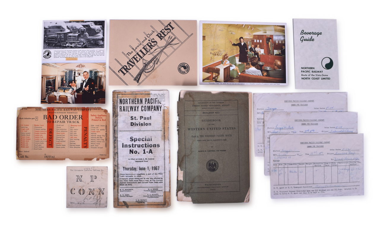 5381 - Thirteen Pieces of Northern Pacific Railway Paper Items - 1915 Guidebook of the Western United States, Post Cards, Menus, Orders, and Timetable thumbnail