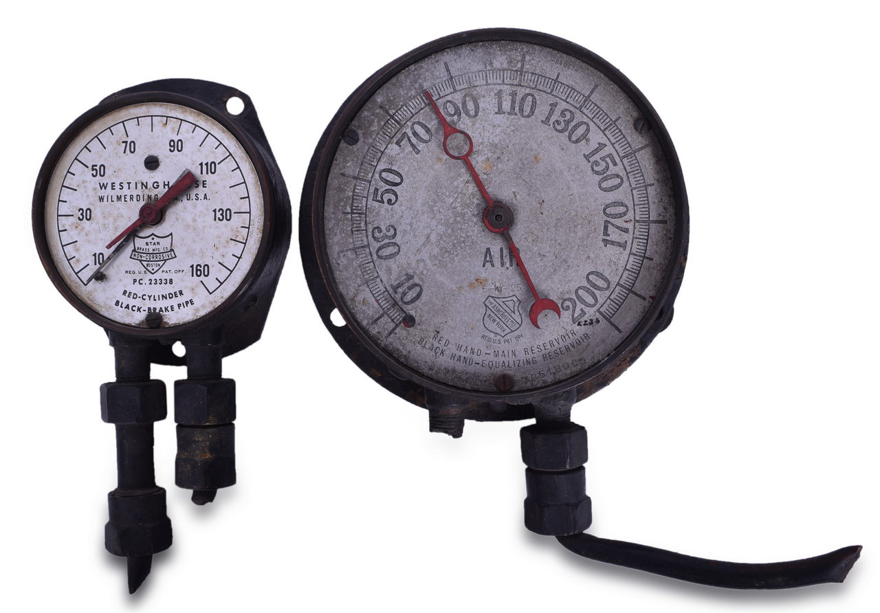 5396 - Pair of Westinghouse and Ashcroft Railroad Locomotive Air Gauges thumbnail