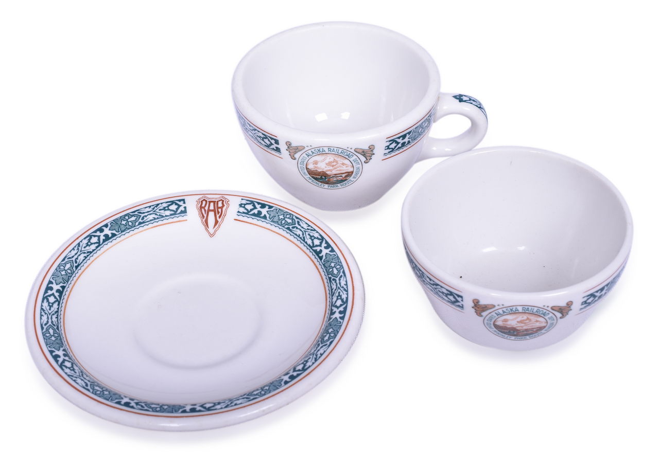 5479 - Three Pieces of Alaska Railroad China Coffee Cup, Bouillon Cup, and Saucer thumbnail