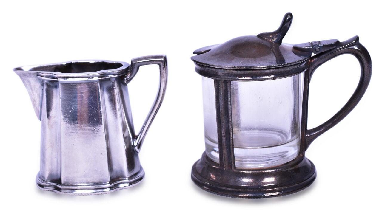 5485 - Reed & Barton Baltimore & Ohio Railroad Silver Soldered Creamer and Mustard Pot with Glass Insert thumbnail