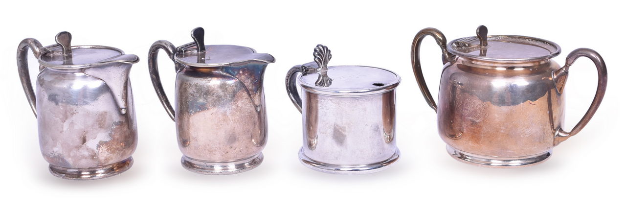 5539 - Four Pieces of Canadian Pacific Railway Silver Hinged Lid Cream Pitchers, Sugar Bowl, and Mustard Pot with Glass Insert thumbnail