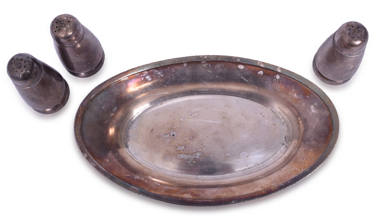 5547 - Four Pieces of Lackawanna Railroad Silver Oval Bread Tray, Salt & Pepper Shakers thumbnail
