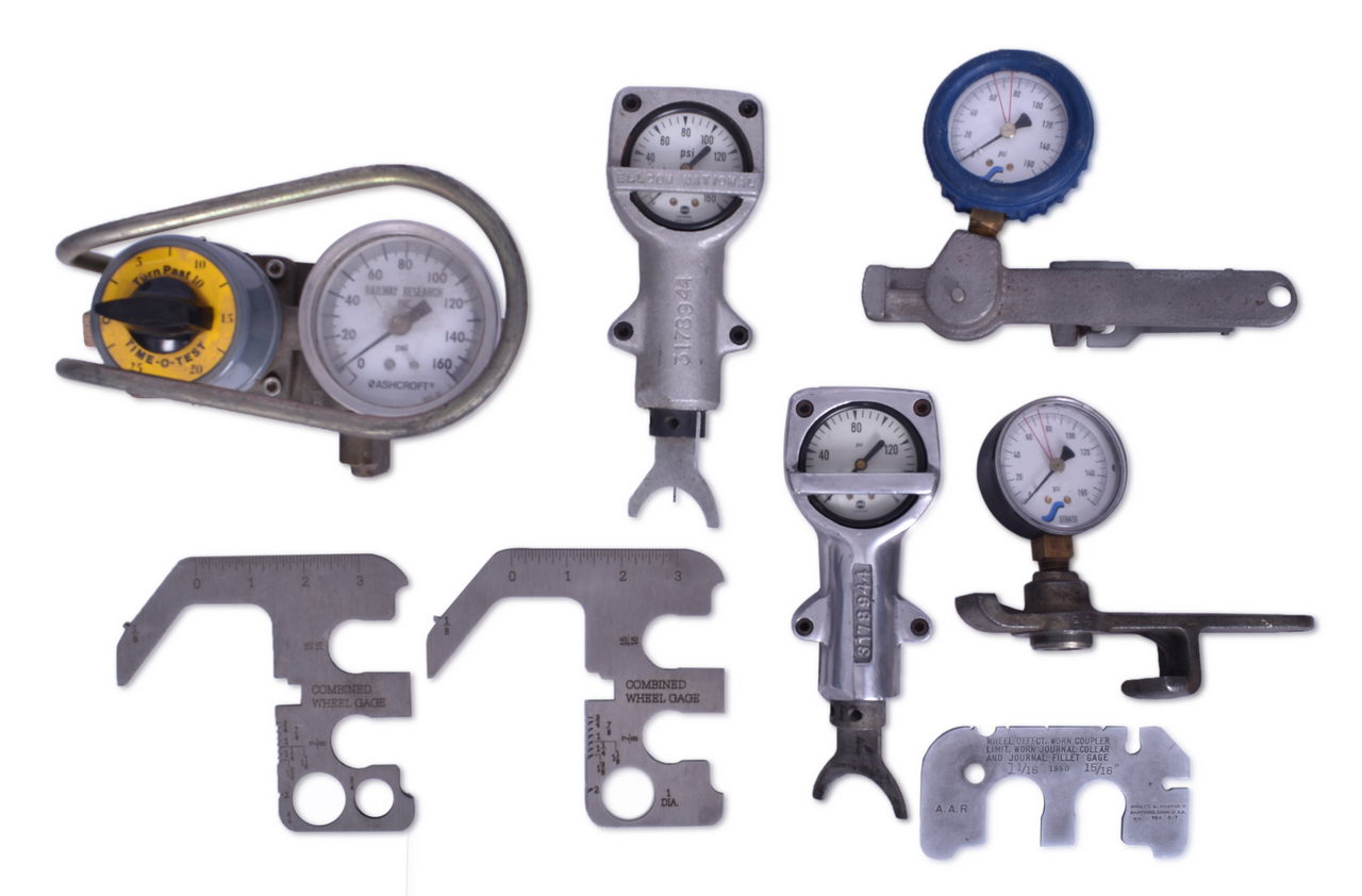 5584 - Group of Railroad Air Brake Gauge Testers and Wheel Gauges - Time-O-Test, Peacock, Strato, etc. thumbnail