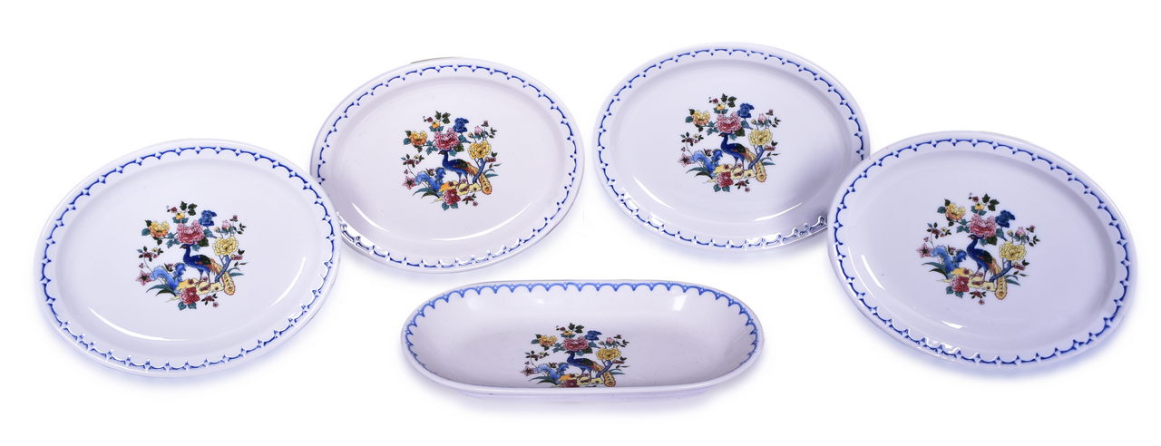 5595 - Five Pieces of Milwaukee Road Railroad China Peacock Oval Celery Dish and Oval Plates thumbnail