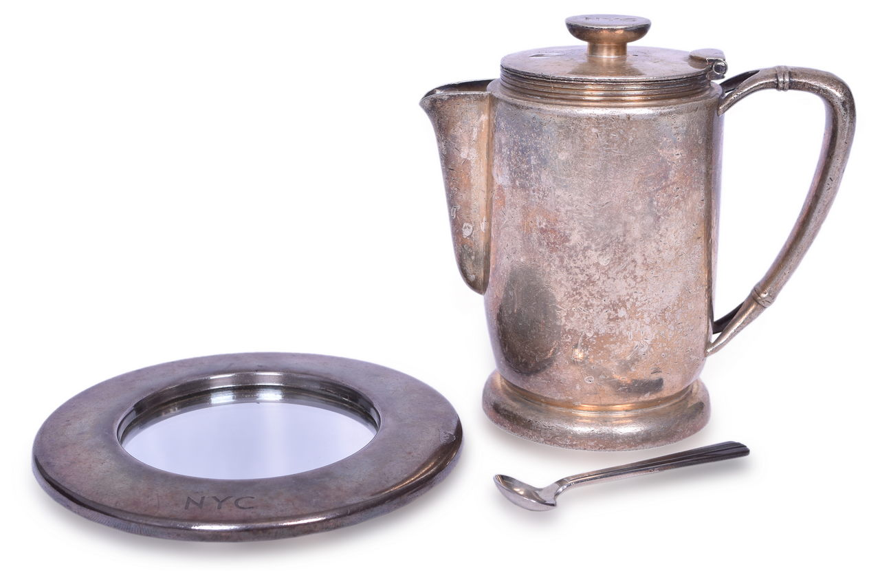 5607 - Three Pieces of New York Central Railroad Silver - Teapot, Mustard Spoon, and Mirror thumbnail