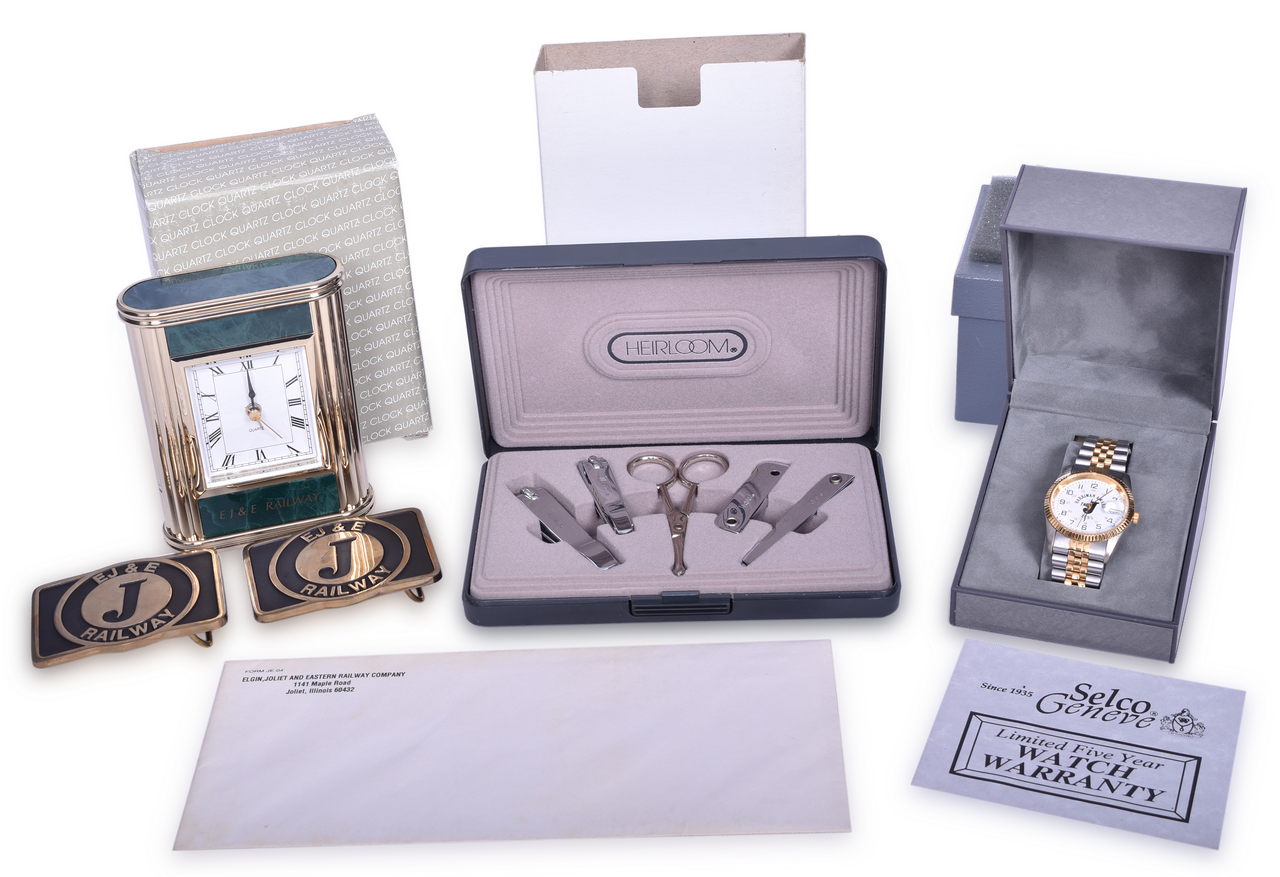 5612 - Group of Elgin, Joliet & Eastern Railroad Promotional Items - Clock, Harriman Award Watch, Belt Buckles, and Nail Clipper Set thumbnail
