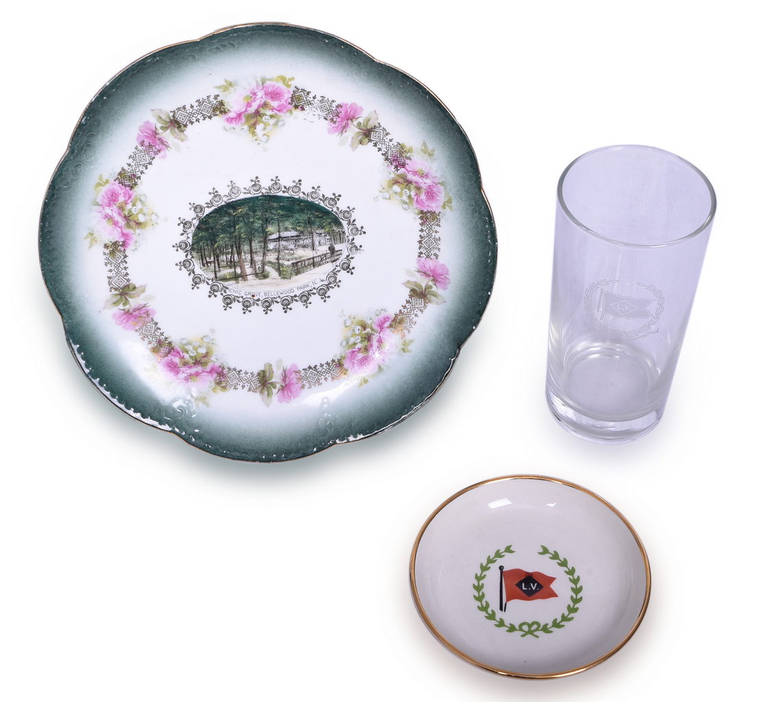 5613 - Three Pieces of Lehigh Valley Railroad China Plate, Ring Dish, and Drinking Glass thumbnail