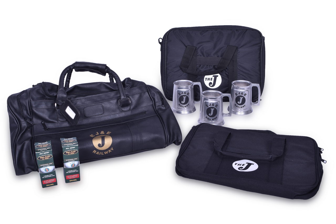 5614 - Group of Elgin, Joliet & Eastern Railroad Promotional Items - Duffel Bag, Laptop Bags, Beer Mugs, and Golf Balls thumbnail