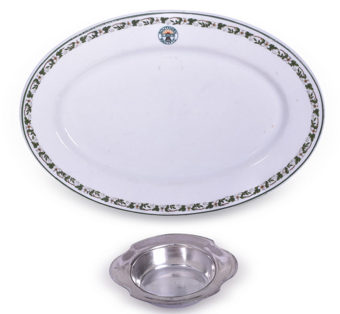 5631 - Two pieces of Southern Pacific Lines Railroad Dining Car Items - Sunset Oval Plate and Silver Butter Chip Icer thumbnail
